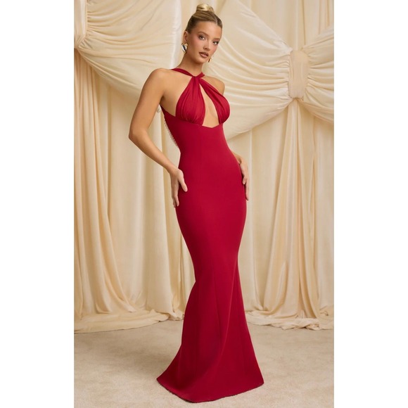 Oh Polly True Red Halter Twist Keyhole Open Back Maxi Dress 11937D Size 0 NEW - Picture 3 of 15